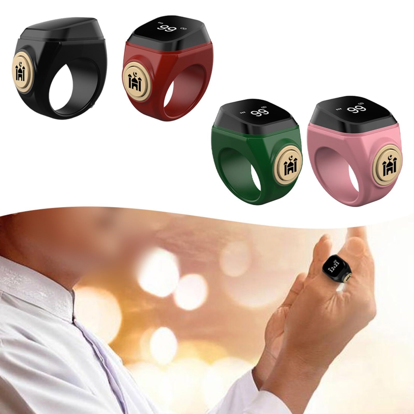 Elektronischer Tasbih Zähler Ring wiederaufladbar 40mAh 3 Größen 18/20/22mm wasserdicht ABS Material USB Ladegerät für Gebet und für Zikr(18mm Rose Gold)