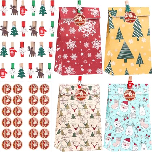 Sacchetti Regalo Natale, Set di 24 Buste Regalo Natale con 24 Mollette e 24 Adesivi, per Sacchetti Calendario Avvento, Caramelle, Biscotti, Carta Kraft, 22,3x12x8cm