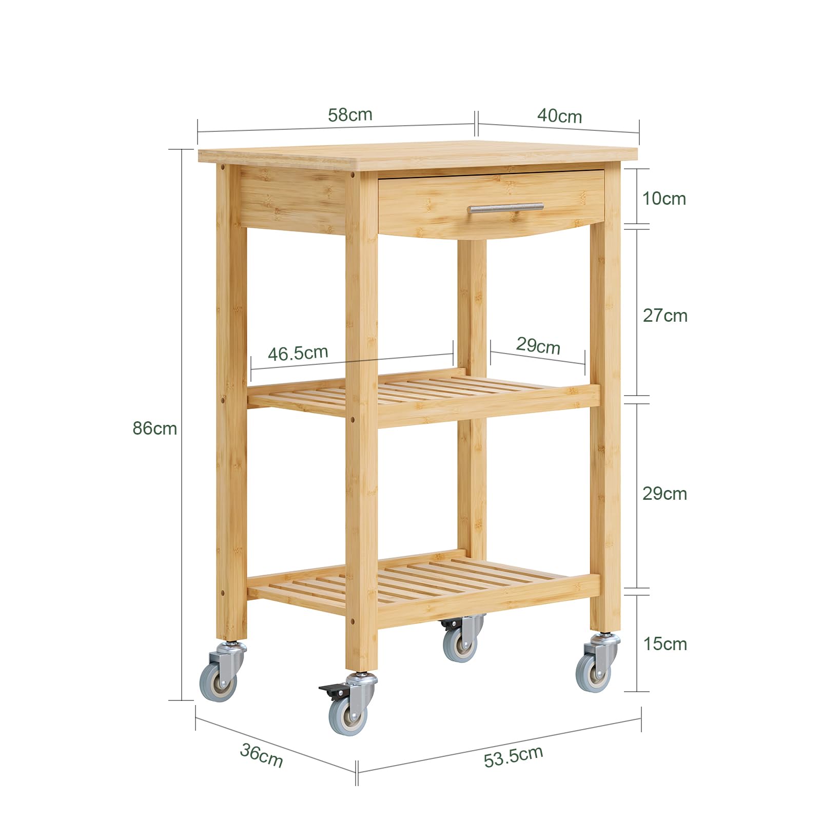 SoBuy Carrello da Cucina in Bambù Carbonizzato – Mobile da Cucina con Ruote e Cassetto, Carrello Mobile, per Cucina, Sala da Pranzo ed Esterno 58×40×86 cm FKW135-N