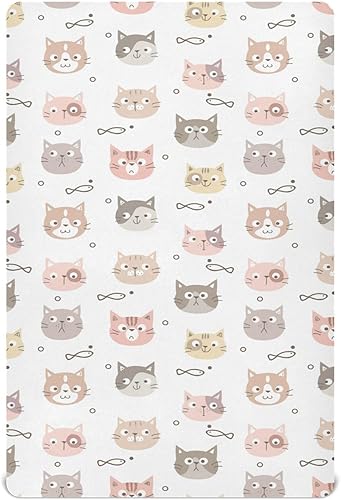 Kigai Sábanas de cuna con cara de gato de dibujos animados para niños y niñas suaves y transpirables sábanas de juego mini elásticas portátiles 52 x