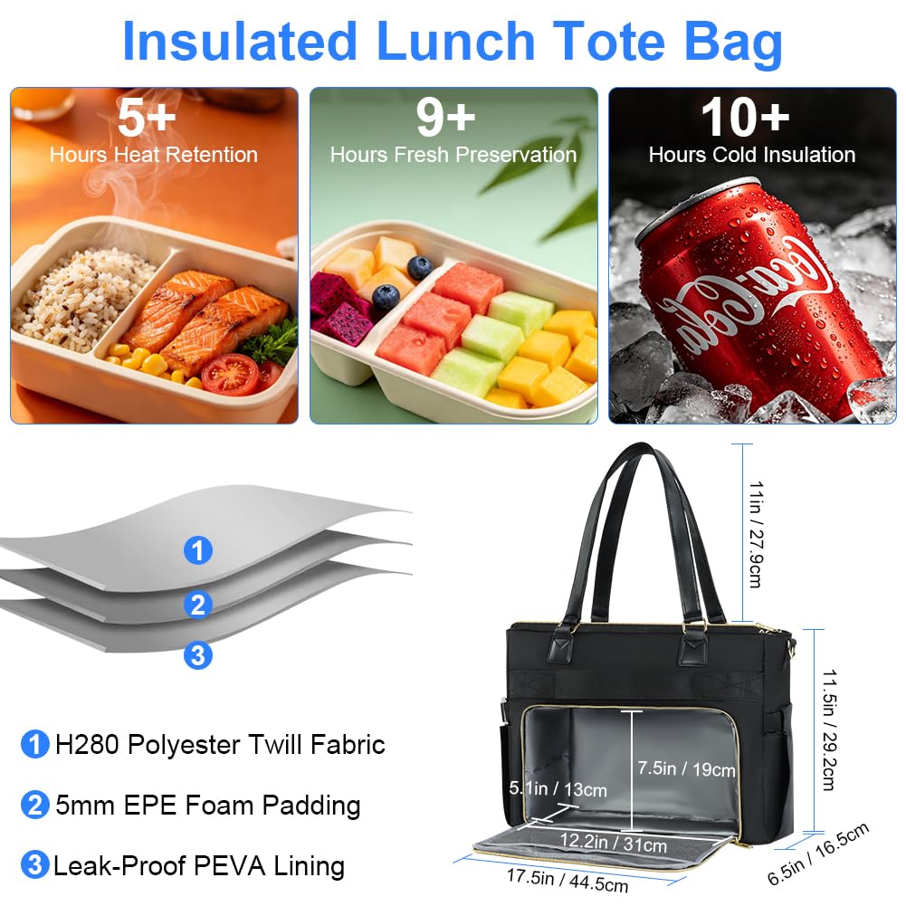 Aolso Lunch Tote Bag da donna 2 in 1, 15,6 Pollici Borsa per il Pranzo Isolata, Borsa per Computer Portatile con Scomparto per il Pranzo, Borsas Termica per Lavoro, Ufficio e Università, Nero
