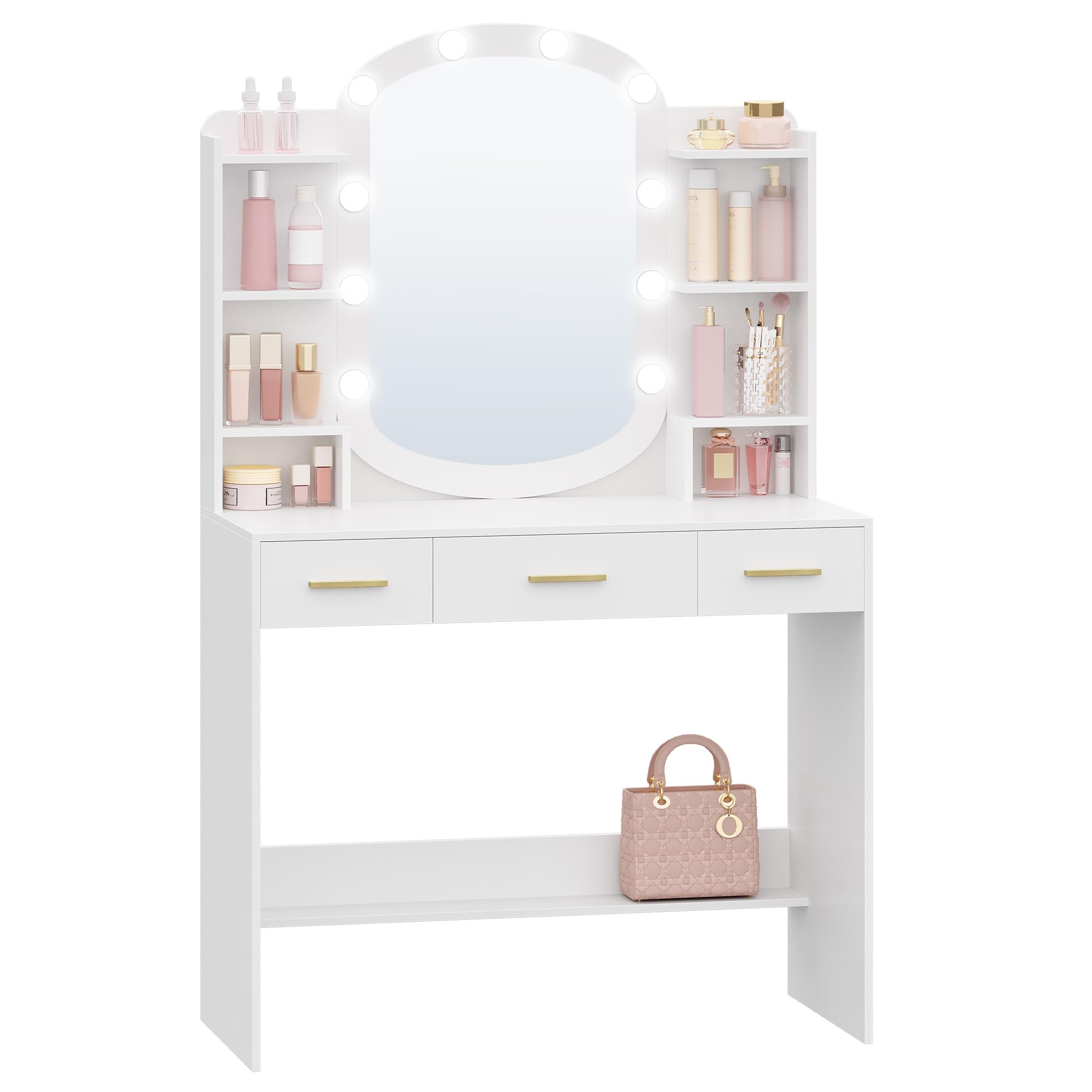 HEXCELEN 90 cm Coiffeuse avec Miroir Ovale, Coiffeuse avec Miroir LED à Luminosité Réglable, Table de Maquillage, 3 Tiroirs avec 6 Étagères Ouverts, Blanc