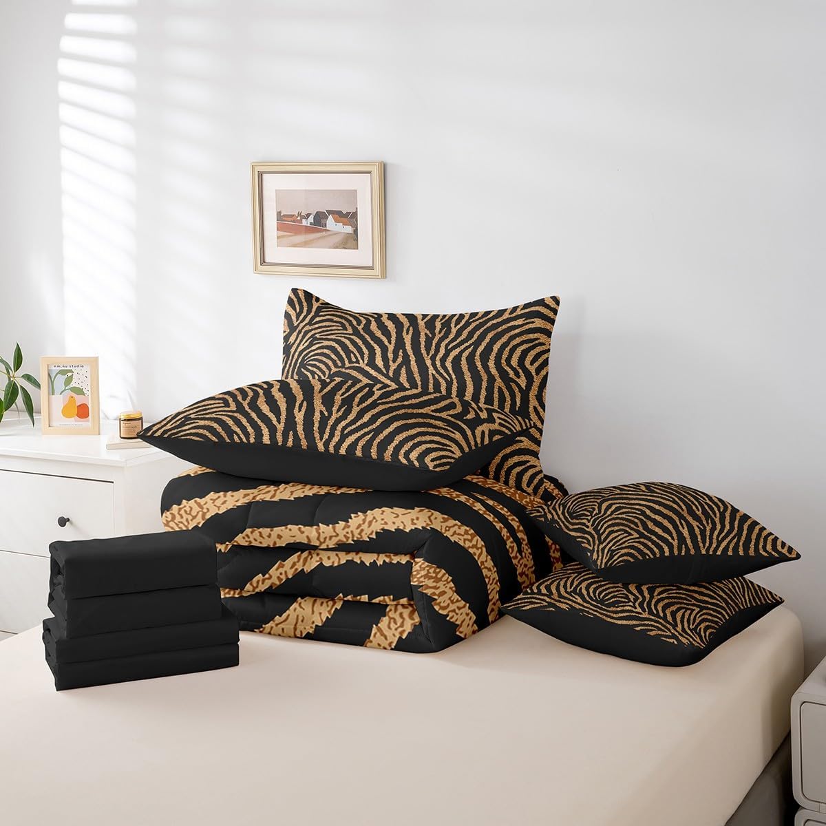 Castle Fairy Zebra Print Comforter Sets King Size 7 Pcs,Zebra Stripe Brown Black Bedding Set,Wild Animal Skin Duvet Set with Comforter,Flat Sheet,Fitted Sheet,Pillowcases and Pillow Covers,Reversible
