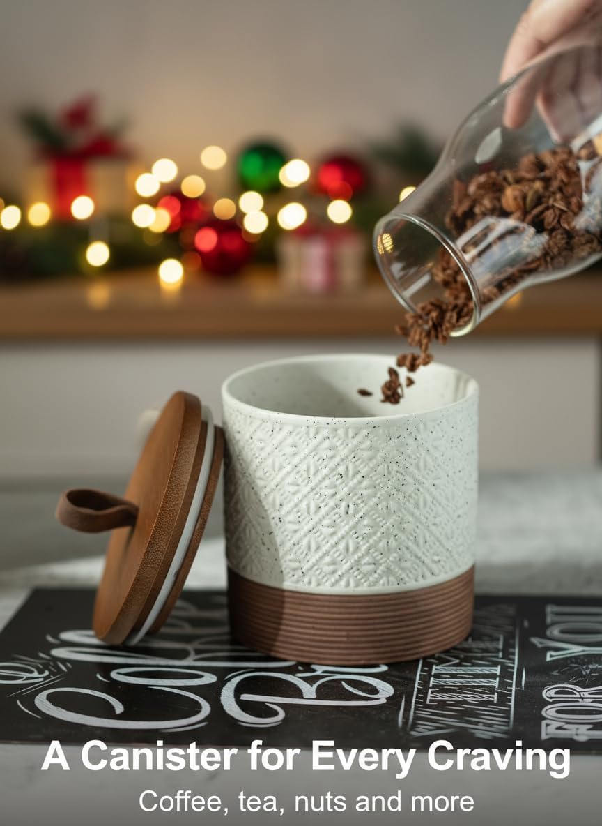 ceramic jar with lid, coffee canisters with airtight lids kitchen food storage container for spice loose leaf tea, small decorative jars for countertop coffee bar accessories - white 20 fl.oz