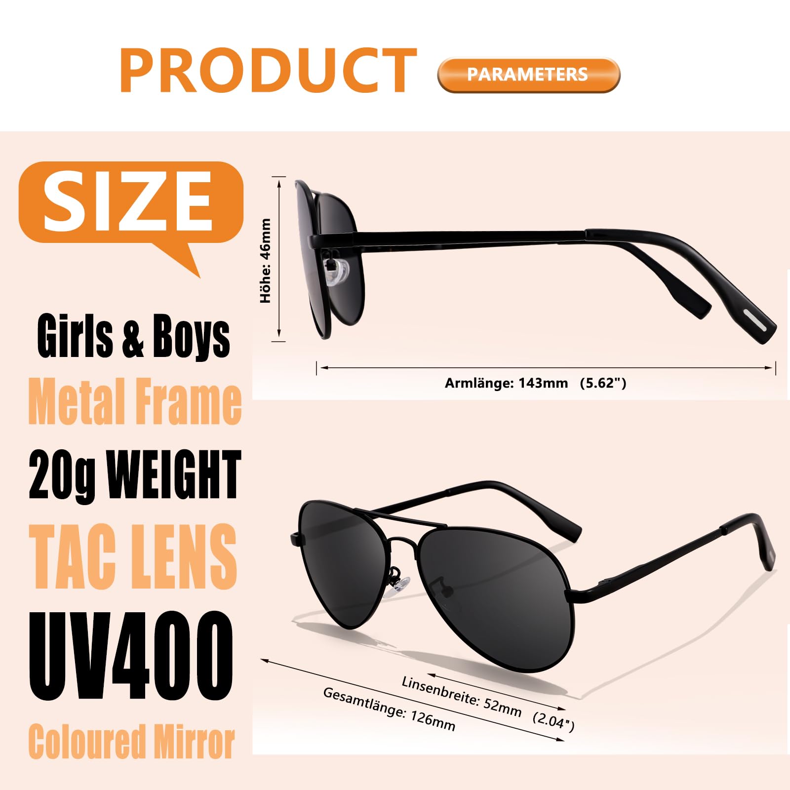 Polarizzati Occhiali da Sole Bambino Bambina - Aviatore Telaio in Metallo Ragazzo Ragazza Bambini Occhiali Sole per 6-14 Anni Protezione UV400