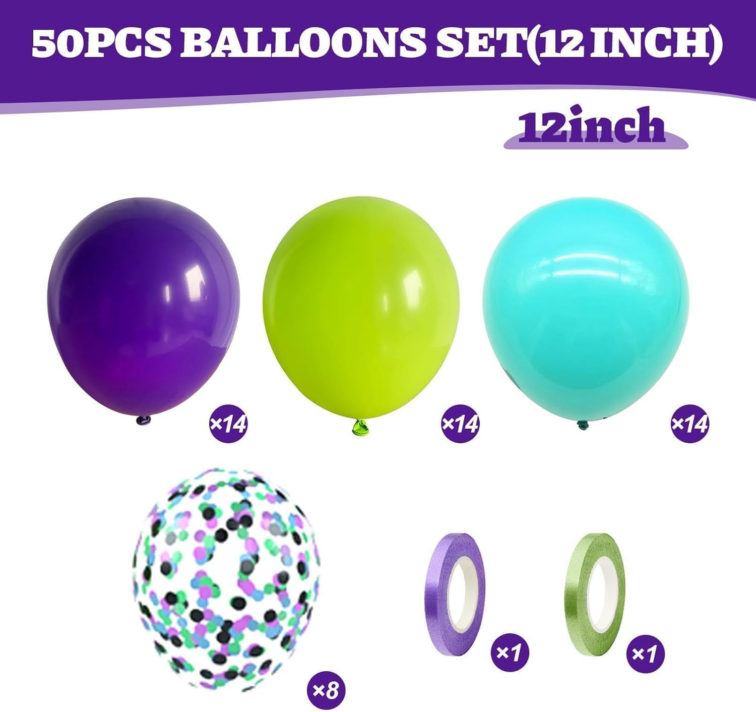 Green Purple Teal Balloons, 50Pcs 12 Inch Fruit Green Purple Teal Blue Confetti Birthday Balloons for Kids Boy Cartoon Theme Birthday Cartoon Party Baby Shower Decorations