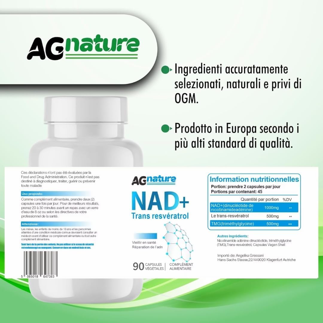 NAD Resveratrolo 1000mg 90Cps Integratore Nicotinamide Puro - Complex Anti-Età e Anti-Fatica con Niacina, Trans Resveratrolo e Trimetilglicina