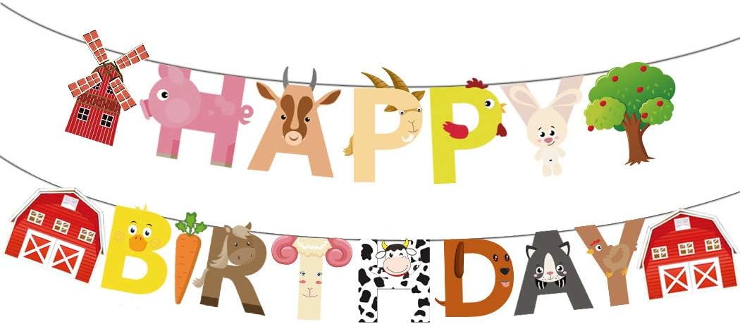 Finypa Farm Happy Birthday Party Banner - Farm Animal Theme Baby Shower and Birthday Decoration for 1st-4th Bdays