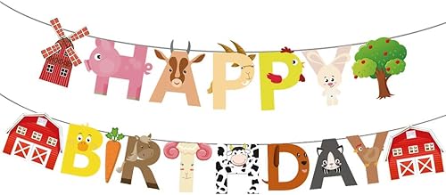 Finypa Cartel de fiesta de feliz cumpleaños de granja – Decoración de baby shower y cumpleaños con temática de animales de granja para cumpleaños de