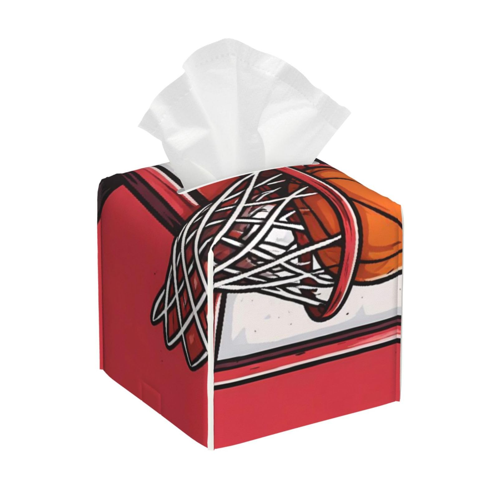 Basketball Rack Red Leather Tissue Box Cover Holder Square Facial Paper Organizer 5.2" X 5.2" X 5.2"