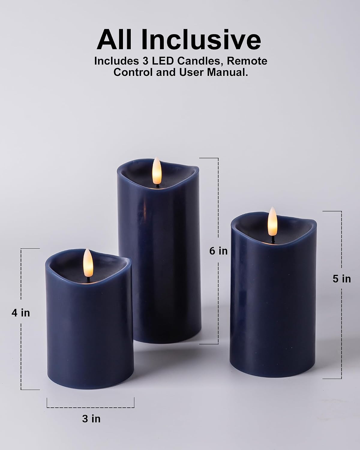 Navy Blue Flameless Candles with Remote and Timer, Real Wax Made LED Pillar Candles Battery Operated with 3D Flickering Flame Melted Top, 3" x 4",5",6", Navy Blue Decor, Set of 3