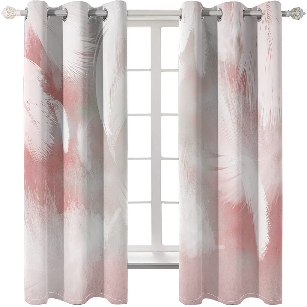 Xisnuient Men's White Living Room Bedroom Blackout Curtains With Eyelets 2 Panels, Black Grey Gold Marble Curtain Insulation, Pink Feather Black And Geometric Triangle Curtains For Woman (,2Pc-W46'' X L54'')
