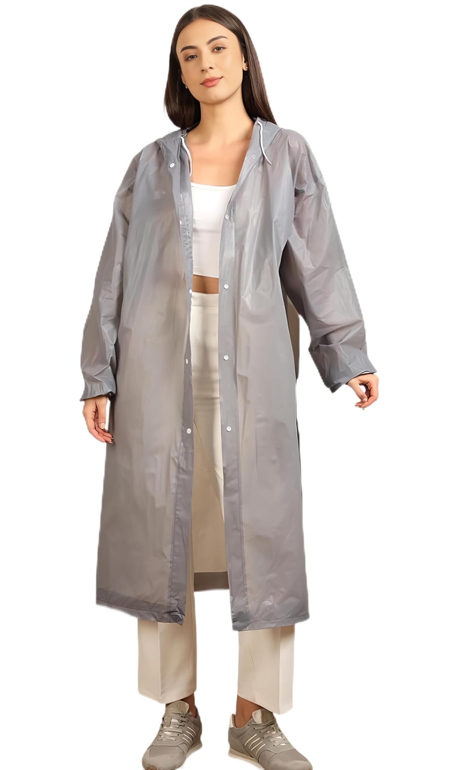 Women's Grey Hooded Raincoat, Long Waterproof Rain Coat-image-24