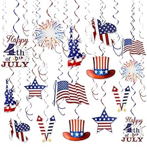 TURNMEON 30 Pcs 4th of July Decorations Fourth of July Party Supplies Red White Blue Decoration American Flag Stars Hanging Swirls Patriotic Party Favors USA Flag Bunting Independence Day Decor