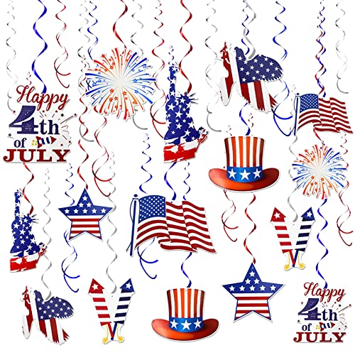 TURNMEON 30 Pcs 4th of July Decorations Fourth of July Party Supplies Red White Blue Decoration American Flag Stars Hanging Swirls Patriotic Party Favors USA Flag Bunting Independence Day Decor