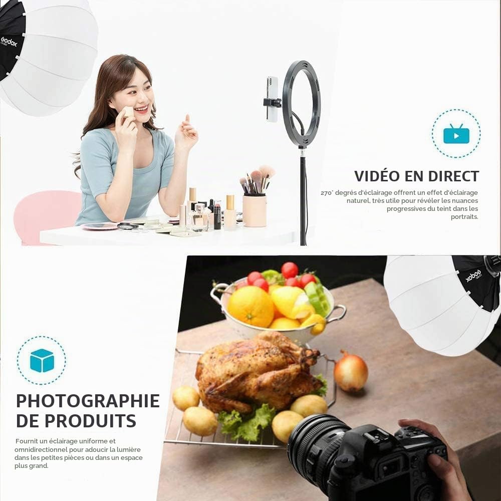 Godox Lanterne Softbox 65 cm (26") Globe softbox avec support Bowens étend la compatibilité pour lumière LED, flash de studio, flash mono et autres (CS65D)