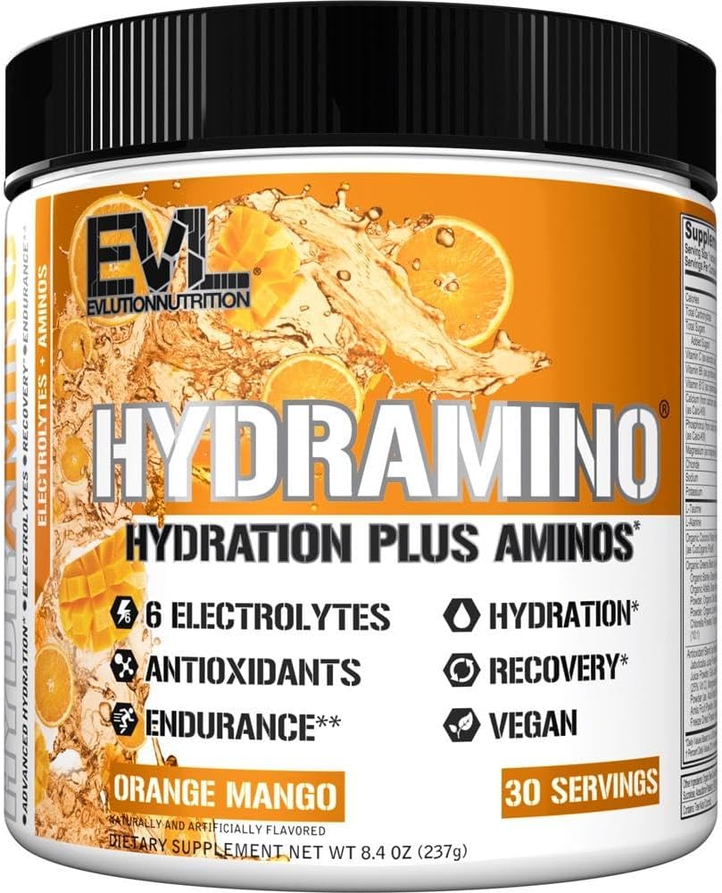 HYDRAMINO Complete Hydration Multiplier, All 6 Electrolytes, Vitamin C & B, Fluid Boosting Aminos, Coconut Water, Endurance & Recovery, Immunity Support, Antioxidants, 0 Sugar, 30 Serve, Orange Mango