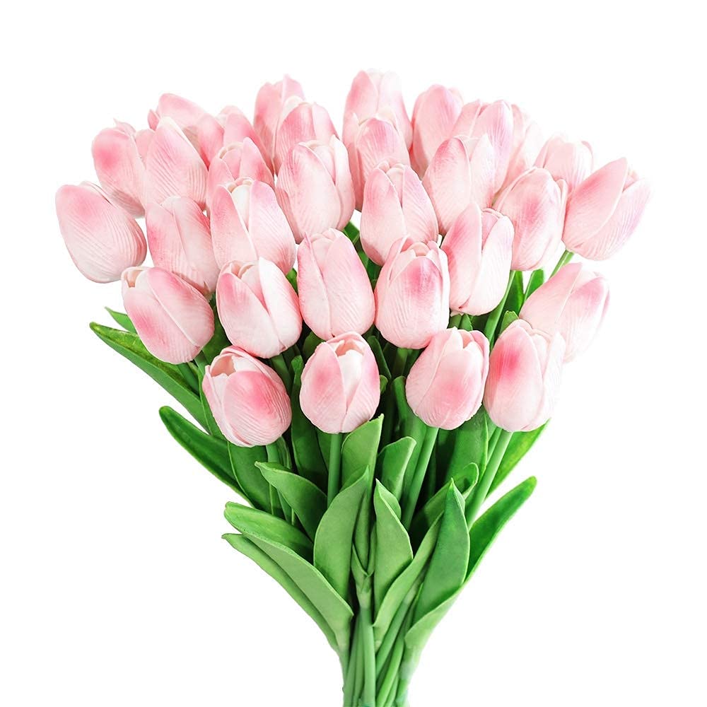 ND 20Pcs Tulips Real Touch Artificial Flowers Fake Tulips, Real Touch PU Stem Faux Latex Flowers, Arrangement Bouquet for Home Office Wedding Decor (Pink)