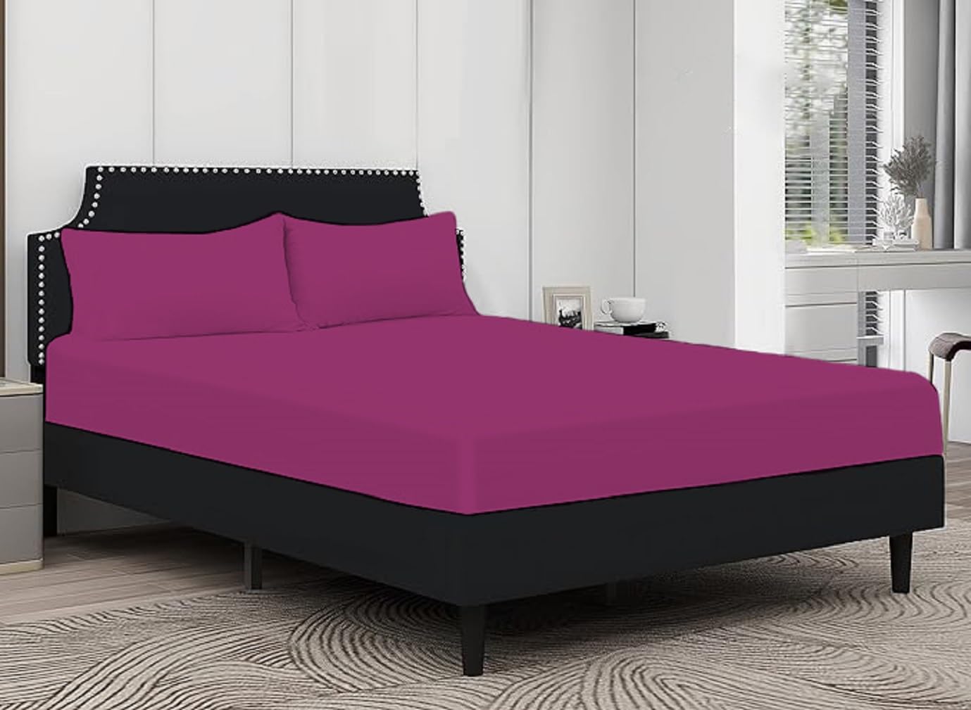 100% Egyptian Cotton Fitted Sheet 25cm Deep Mattress Pocket 200 Thread Count Soft & Fade Resistant Bottom Fitted Sheet (Fuchsia, Double)