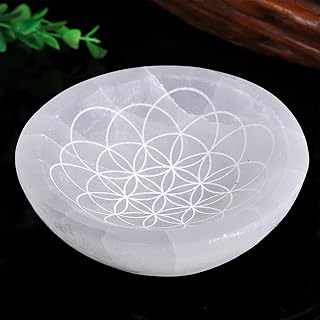 JIC Gem Etched Selenite Bowl Moroccan Selenite Crystal Stone Bowl Healing Crystals Charging Plate Round Engraved Crystal Matrix 3.5-4 inch