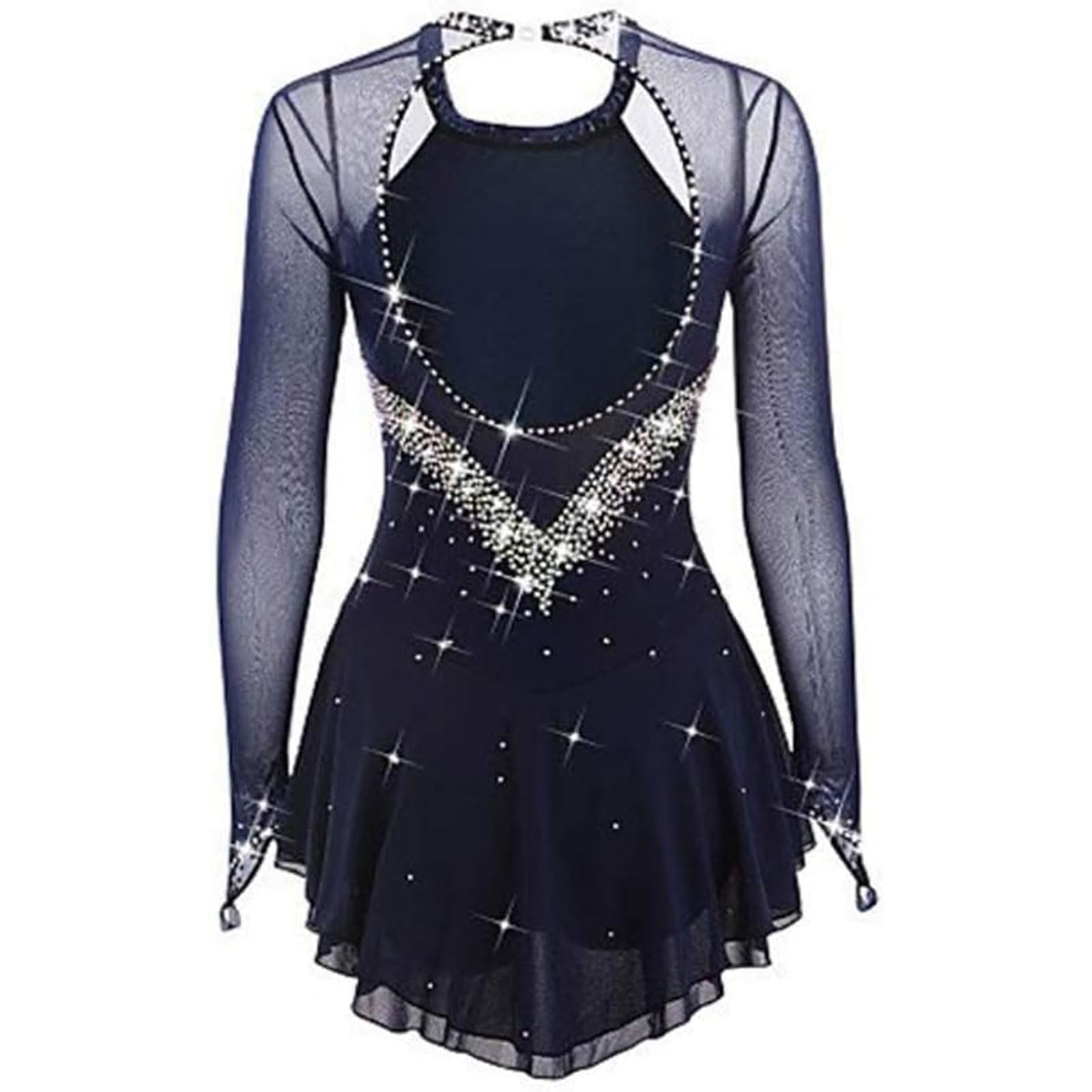 Abito da Prestazione da Pattinaggio Artistico su Ghiaccio Donna Costume da Pattinaggio a Rotelle su Ghiaccio a Maniche Lunghe Body da Ginnastica Ritmica Eleganti con Strass