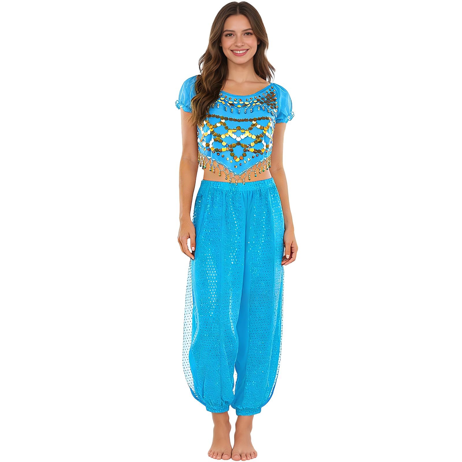 Baisdan 2 Piece Belly Dance Costume, Jasmine Costume Adult Top Lantern Pants Set for Arabian Indian Halloween Carnival Dance Performance Sky Blue