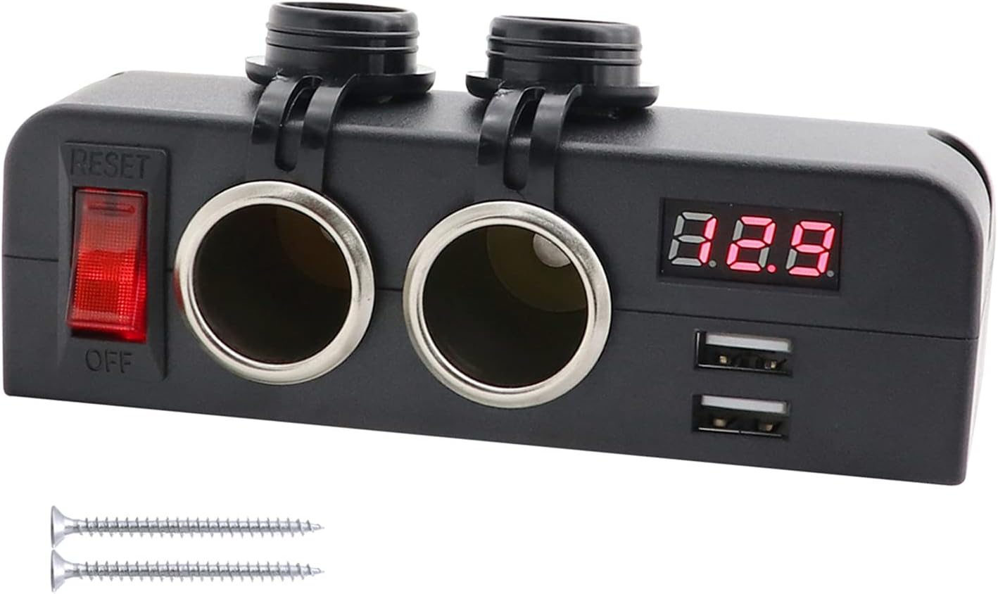Cllena Dual USB Socket Charger and Dual 12V Power Outlet Cigarette Lighter Splitter Adapter with LED Voltmeter On/Off Switches for Car Rv Truck Marine Boat Camper Vehicles