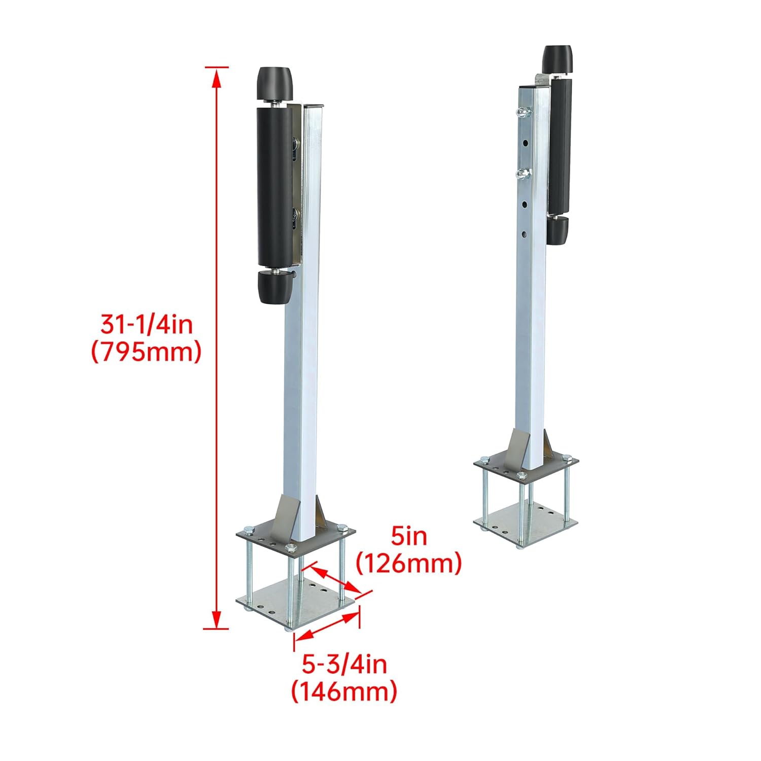 Diagram showing the dimensions of the trailer guide posts, including a height of 31-1/4 inches (795mm), base width of 5 inches (126mm), and base depth of 5-3/4 inches (146mm).