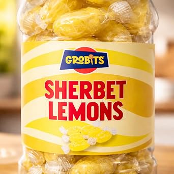 GROBITS - Sherbet Lemons Retro Sweets Gift Jar 500g – Traditional British Boiled Sweets with Tangy Sherbet Centre, Classic Old Fashioned Hard Candy Treat, Sweet Shop Favourites Gift