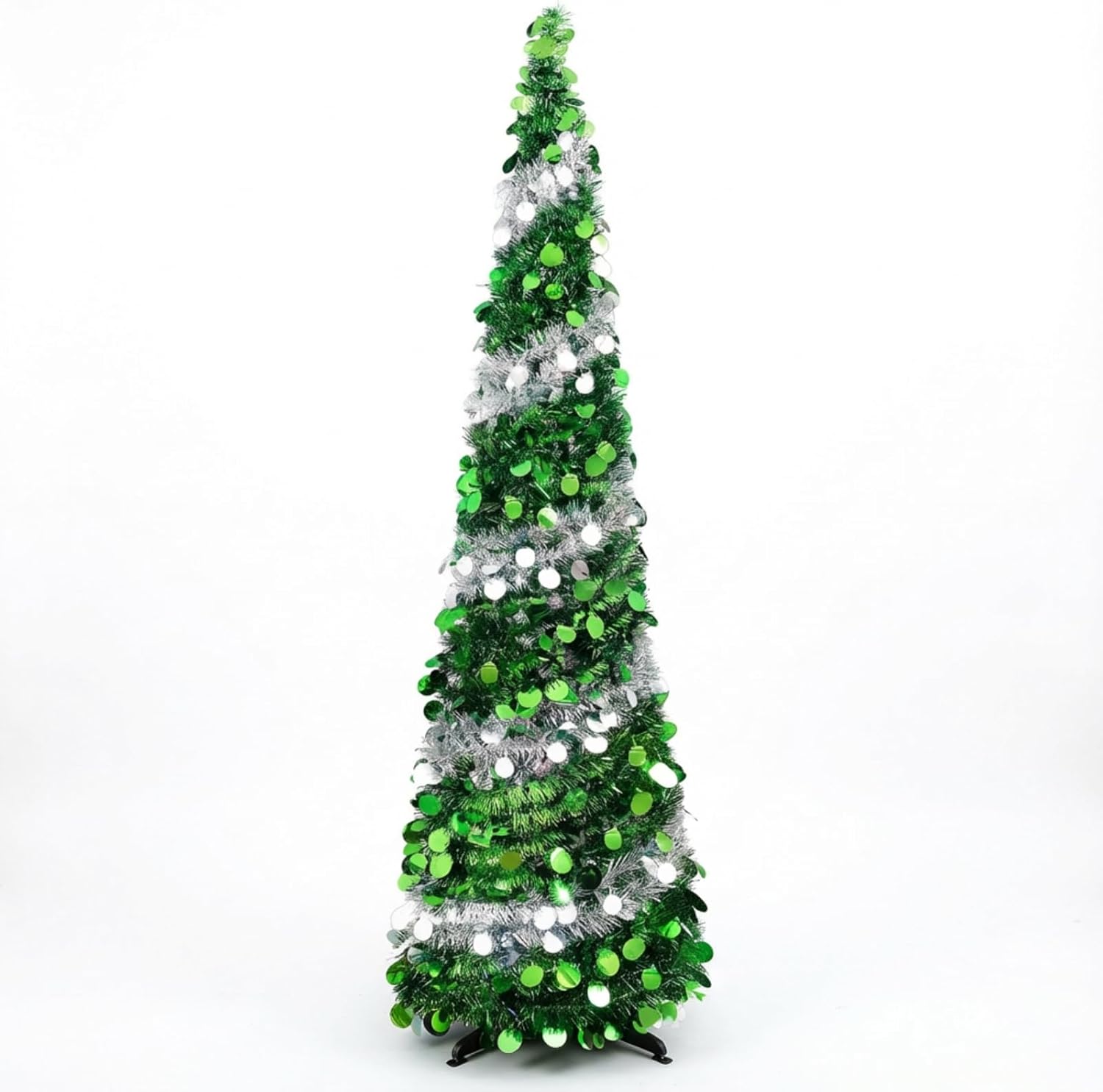 Leyndo 3 Pcs 3 4 5 ft Collapsible Artificial Christmas Tree with LED Light Pop Up Green and Silver Sequined Pop Up Tinsel Pencil Skinny Xmas Tree for Indoor Home Fireplace Decoration