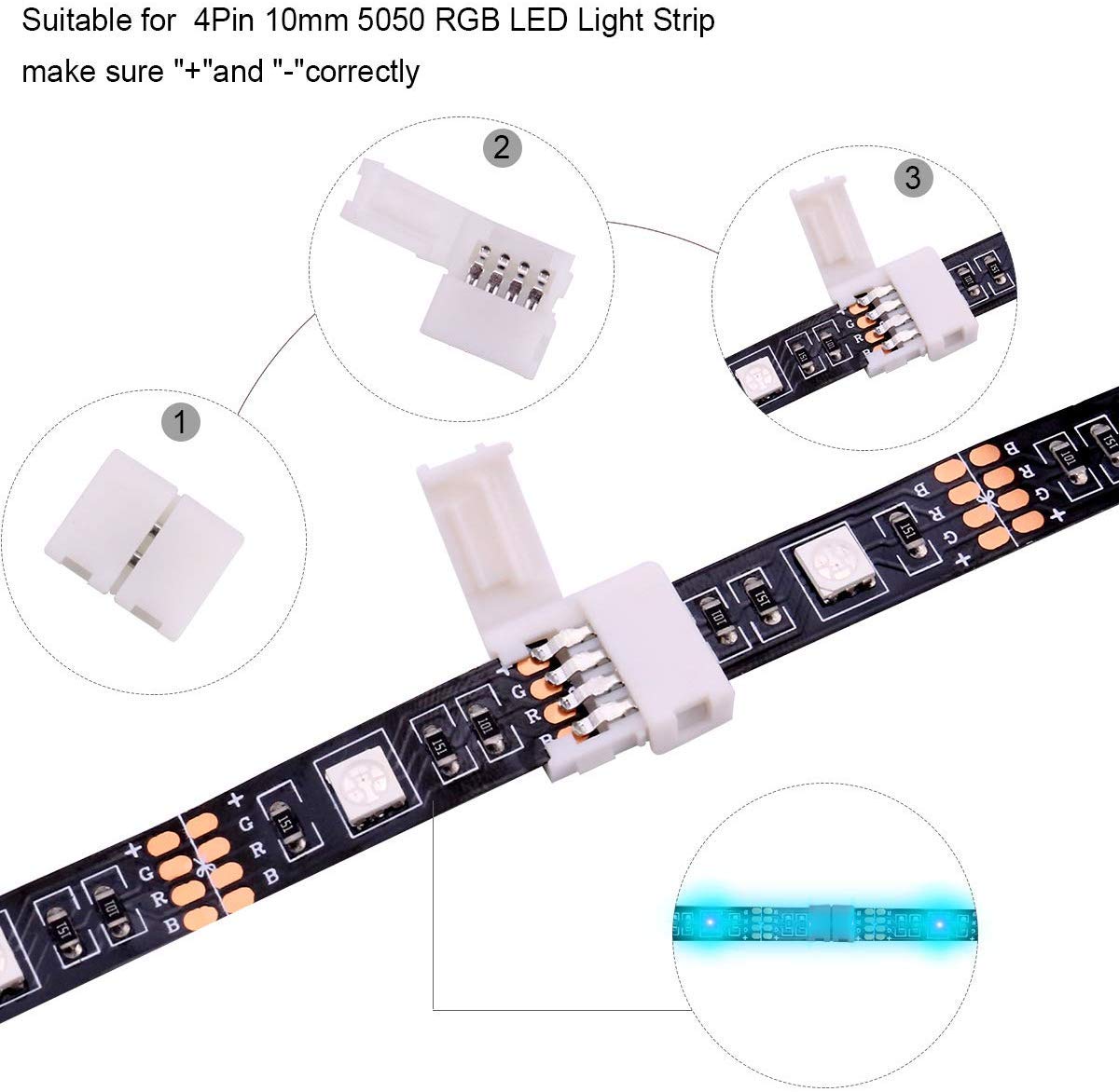 4-poliges RGB-Steckverbinder-Set – 10 Lückenlose Verbinder, 20 Clips, Für 5050/3528 LED-Streifen