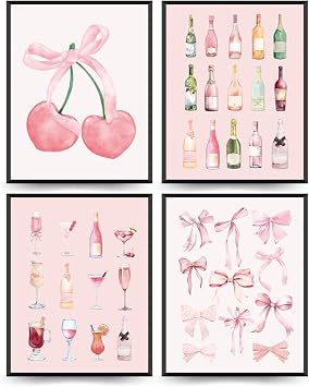 ETVISO Dorm Decor, Dorm Room Essentials for Girls, Coquette Room Wall Artr for Girls Room, Trendy Pink Bows Wall Art, College Apartment Decor Aesthetic 8x10 Set of 4 Unframed