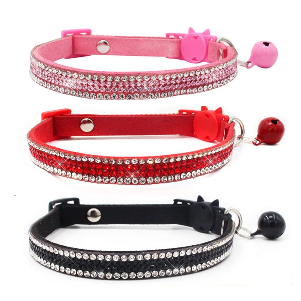 Weewooday Katzenhalsband Mit Strass & Glöckchen – Samt, Verstellbar, 4 Farben Im Set (Gold, Rot, Rosa, Schwarz), XS