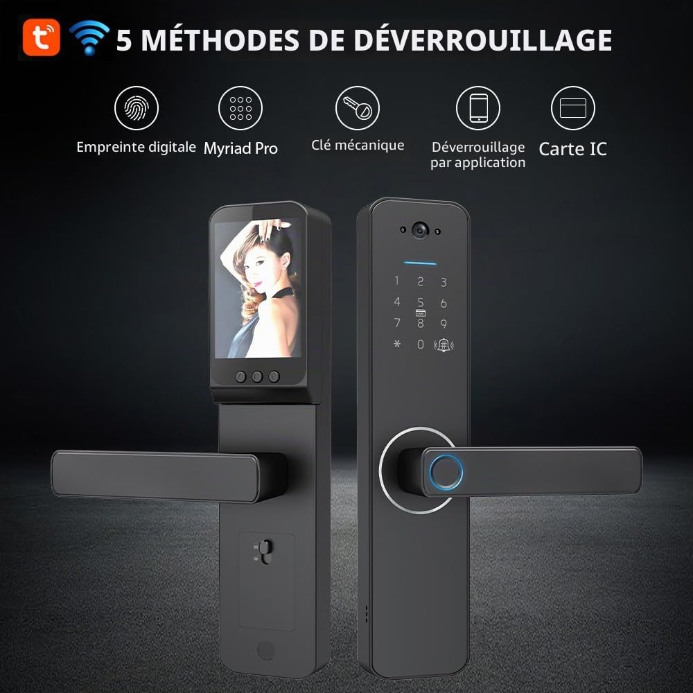 Serrure intelligente avec caméra grand angle 120° et sonnette intelligente Serrure de porte d'entrée sans clé Serrure de porte biométrique TY App Fonctionnement à distance WiFi 35-60mm