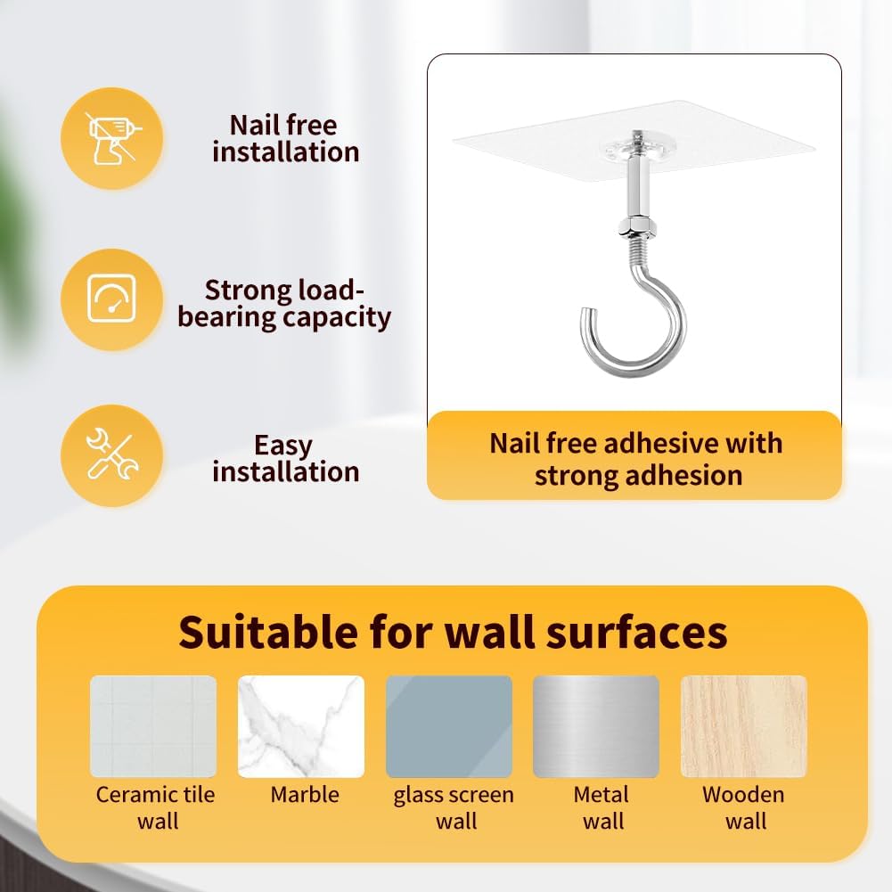4 Pack Adhesive Ceiling Hooks, 30lbs Heavy Duty Ceiling Hooks for Hanging Plants, No Drilling Wall Hook Sticky Hanger for Hanging Lights, Wind Chimes, Lantern