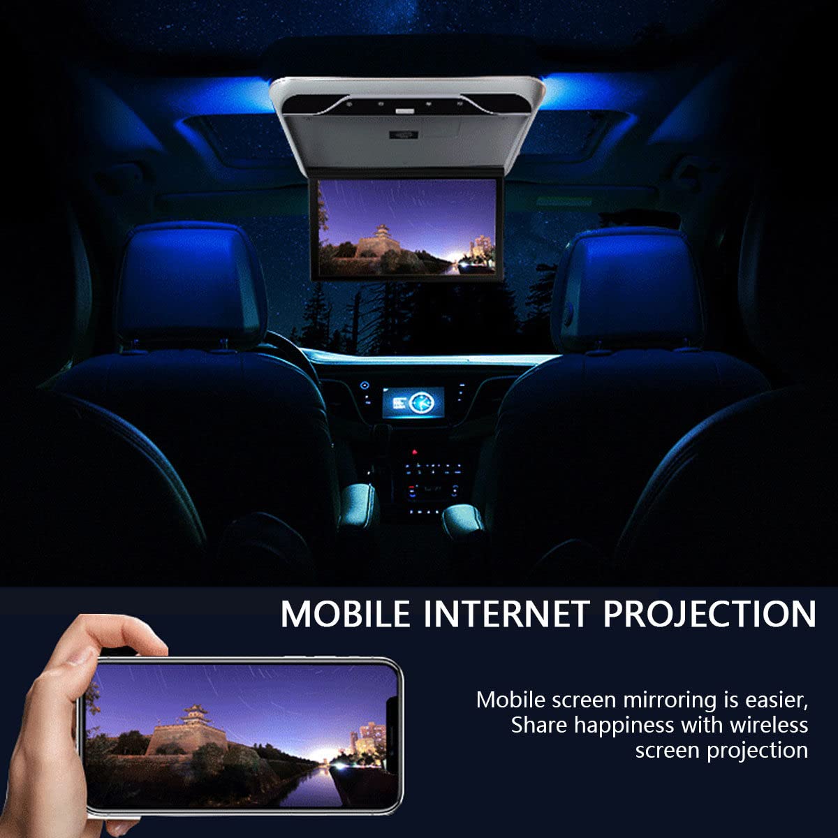 Lecteur Aérien De Voiture 19", Moniteur Monté sur Le Toit De La Voiture, écran 1080p, avec Lumière D'ambiance 16 Couleurs, Moniteur De Voiture Rabattable, HDMI USB IR,Black