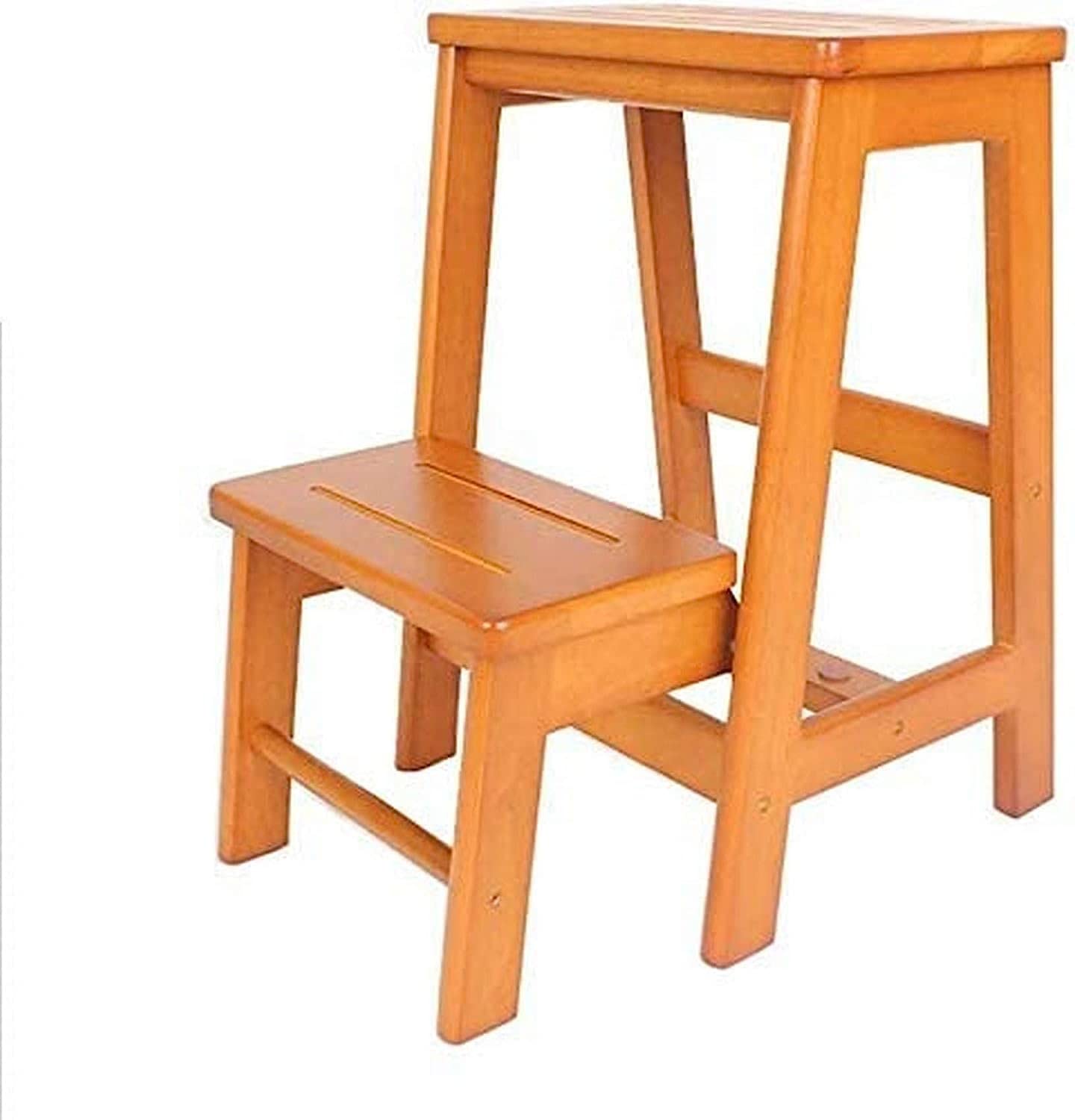 Escabeau tabouret en bois d'hévéa pliable à 3 niveaux couleur miel OKUOKA