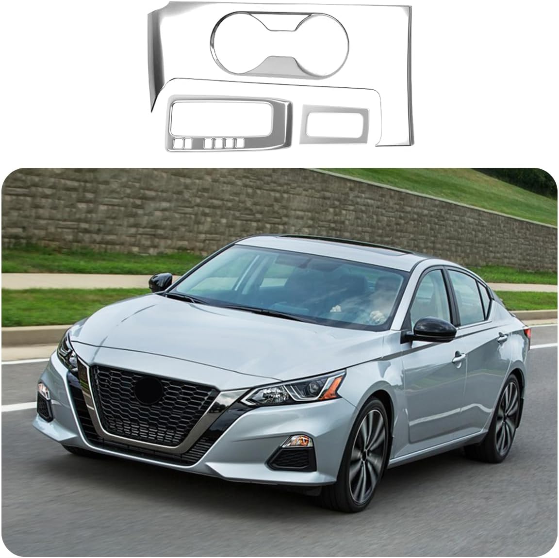 Car Accessories Fit for Nissan Altima 2019 2020 2021 2022 2023 2024 2025 Interior Gear Shift & Box Water Cup Panel Frame Cover Trim (Silver) 3PCS Stainless Steel