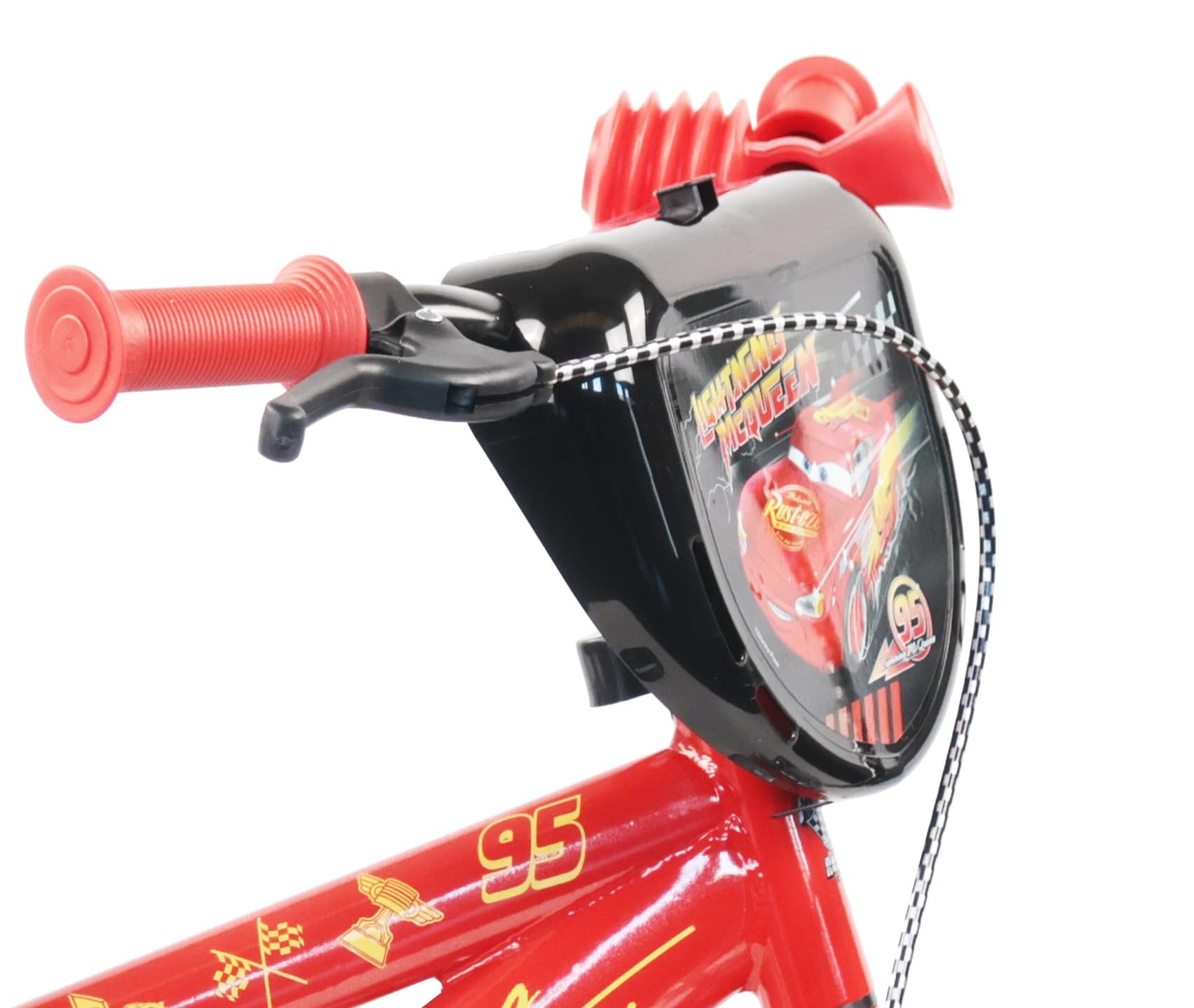 Vélo 12" Cars de Disney - 1 Frein - Pignon Fixe - Pneus Increvables EVA - Roues Bâtons - Plaque Avant décorative - 2 Stabilisateurs - Garde Boue - Carter de Protection - Porte Bidon et Bidon arrière