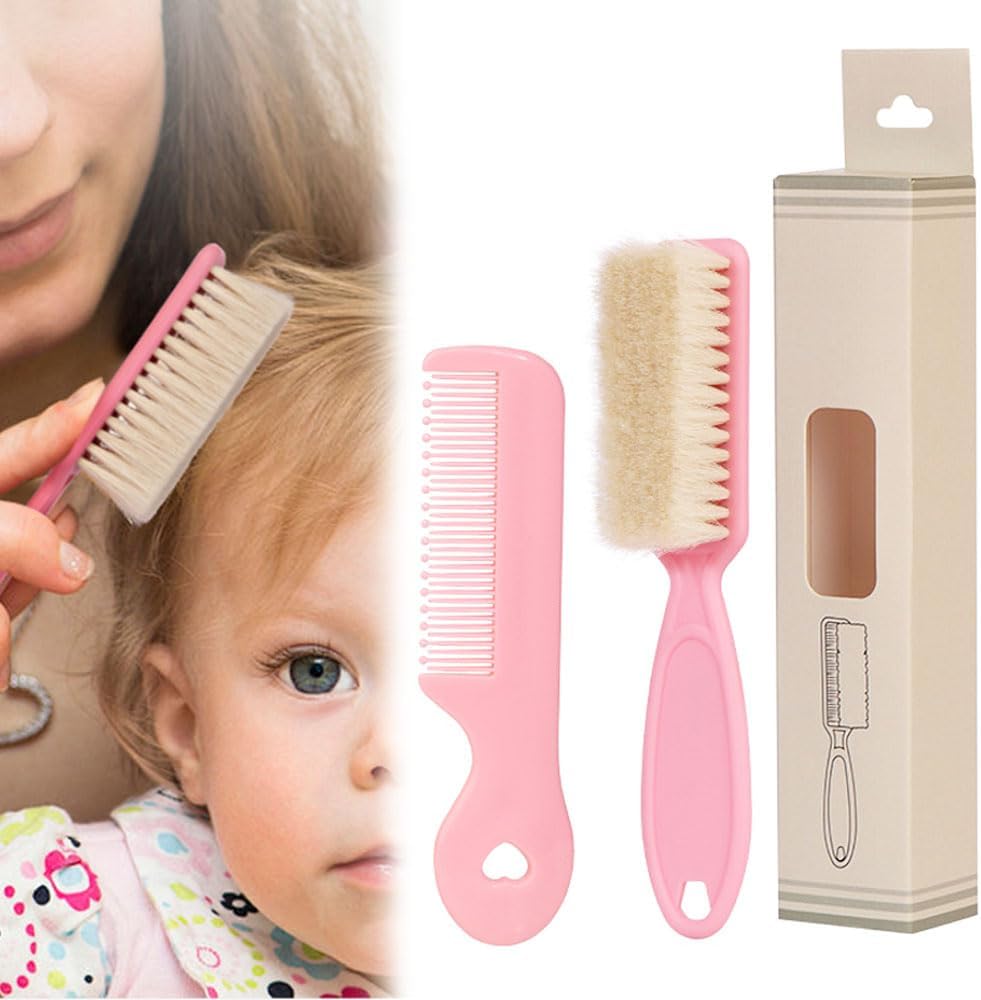 Baby Hair Brush and Comb Set - Goat Hair Brush Natural Soft Bristles Hair Comb Massage Cradle Cap Treatment for Newborn, Toddlers and Kids, Baby Shower and Registry (Pink)