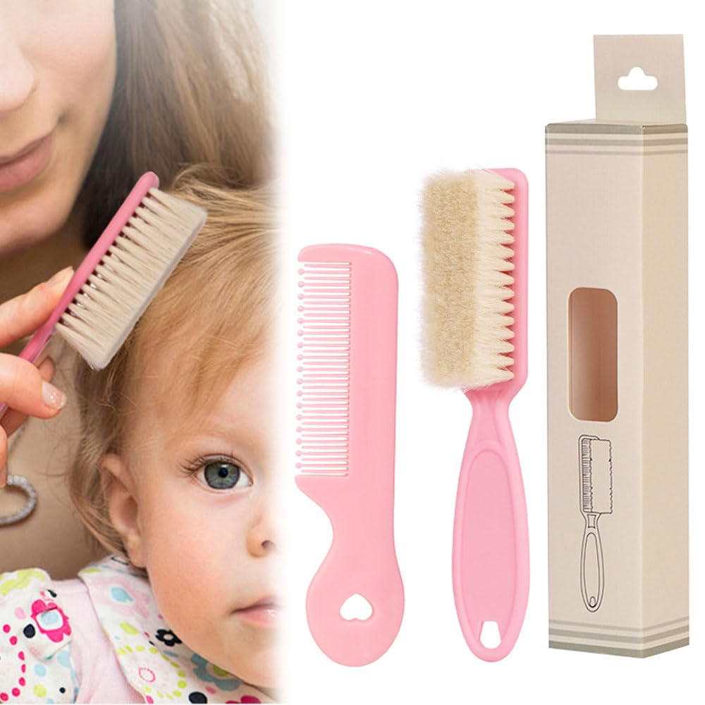 Baby Hair Brush and Comb Set - Goat Hair Brush Natural Soft Bristles Hair Comb Massage Cradle Cap Treatment for Newborn, Toddlers and Kids, Baby Shower and Registry (Pink)
