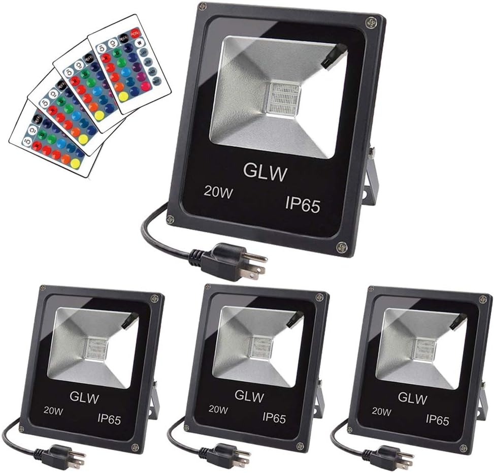 20W RGB LED Flood Lights Color Changing Floodlight with Remote Control IP65 Waterproof Outdoor Landscape Lighting 16 Colors 4 Mode Dimmable Wall Washer Light for Garden,Yard and More(4 Pack)