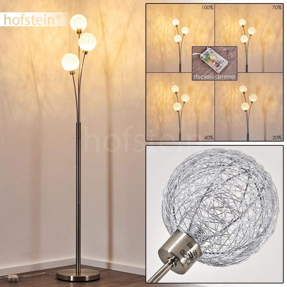 Stehlampe Bernado stufenlos dimmbar, Stehleuchte Nickel-matt/Silberfarben, 3-flammig, G9, mit 3 Drahtkugeln, Bogenlampe für Wohnzimmer, Schlafzimmer, Flur, mit Fußschalter am Kabel, ohne Leuchtmittel
