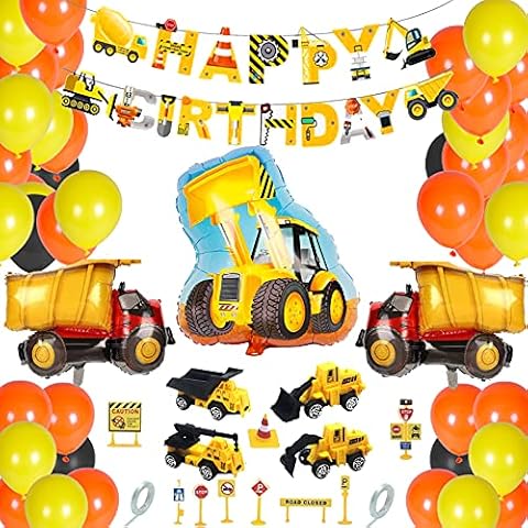 Construction Birthday Party Decoration, Birthday Decoration for Boys,Happy Birthday Banner, Construction Vehicle Fire Car Foil Balloons, Digger Balloons Cover
