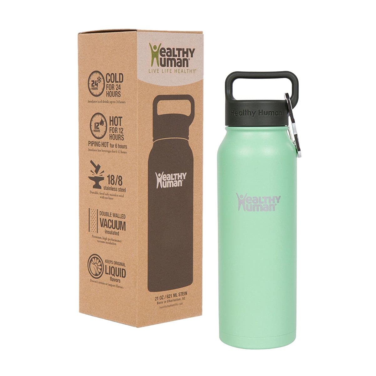 Healthy Human Stein Stainless Steel Insulated Water Bottle with Carabiner - Seamist - 21oz