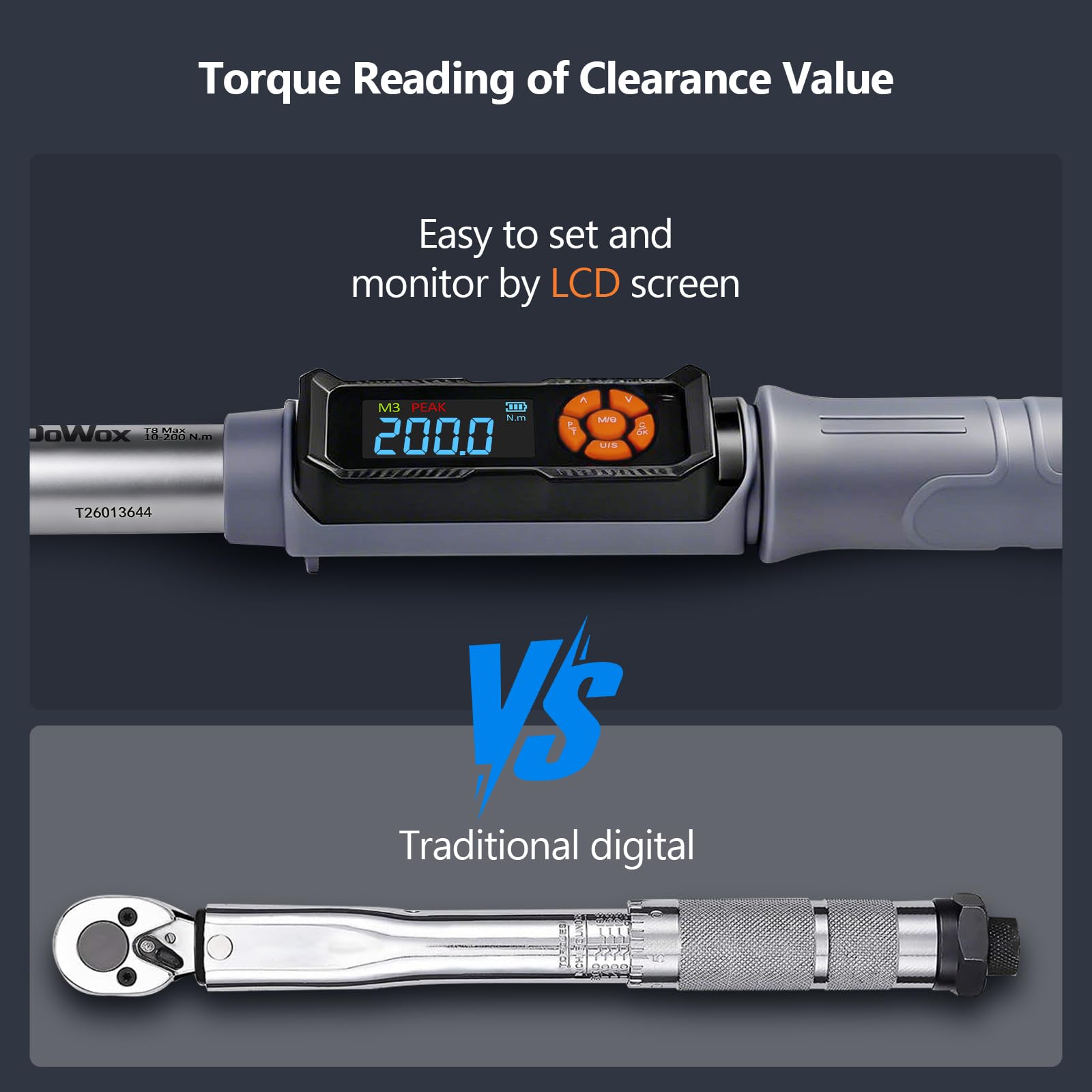Chiave dinamometrica digitale da 10-200 Nm, attacco da 1/2", cricchetto a 90 denti, allarme vibrazione cicalino LED, set di prese con adattatori e barra di estensione