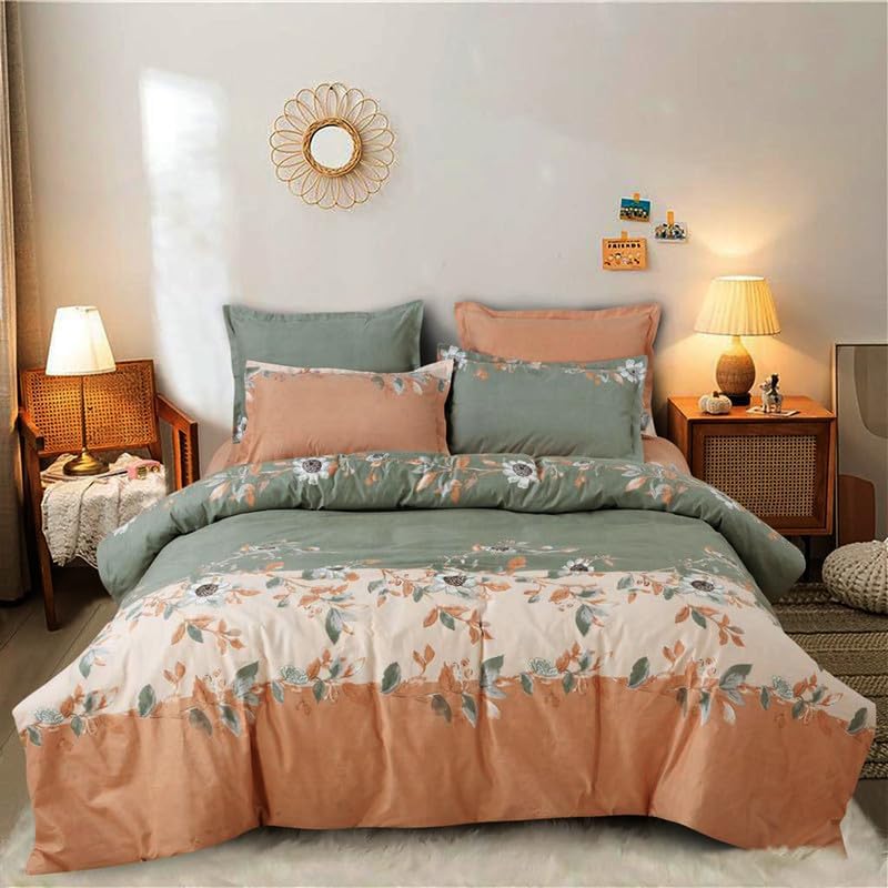 Image of Polycotton Printed 120 TC Comforter & Bedsheet Double Bed Bedding Set, Queen Size (90x100 inch), Green & Orange, 4 Pieces