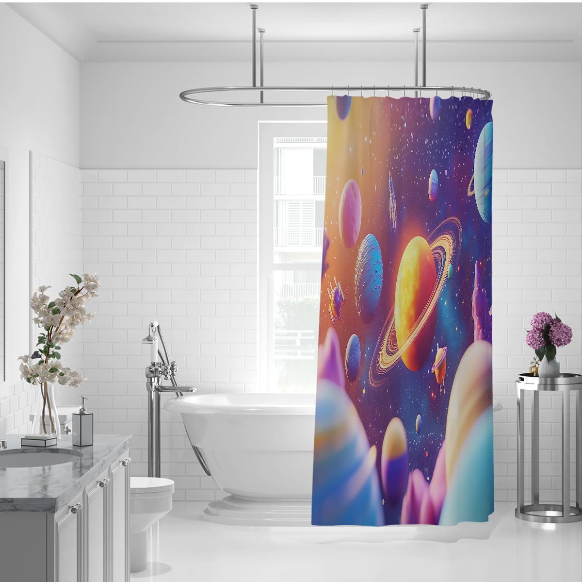 Weltraum Planeten Duschvorhang Bunte Galaxie W180xL200 cm