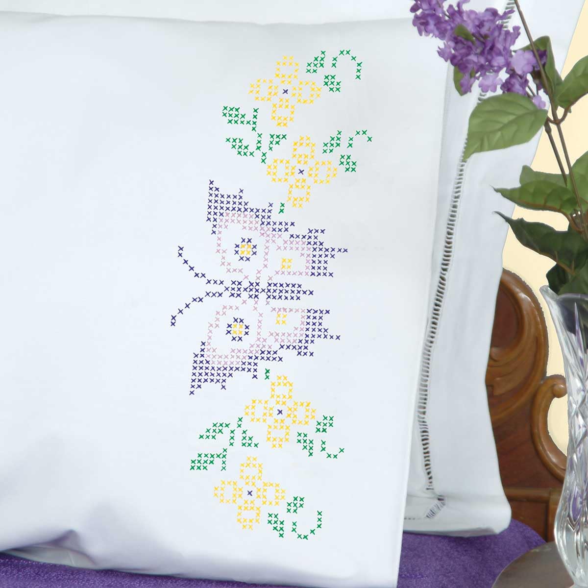 Jack Dempsey Stamped Pillowcases with White Perle Edge (2 per package) - Butterflies,