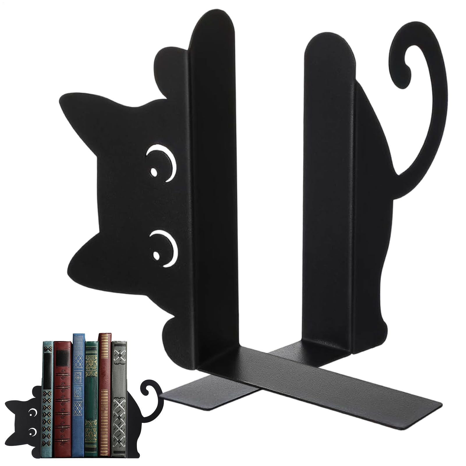 Serre-livres chat en métal lot de 2 noir pour étagère de bureau et salon